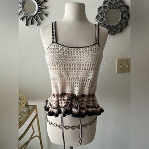 American Eagle Elegant Crochet Knit Top - Cream and Brown Sz M